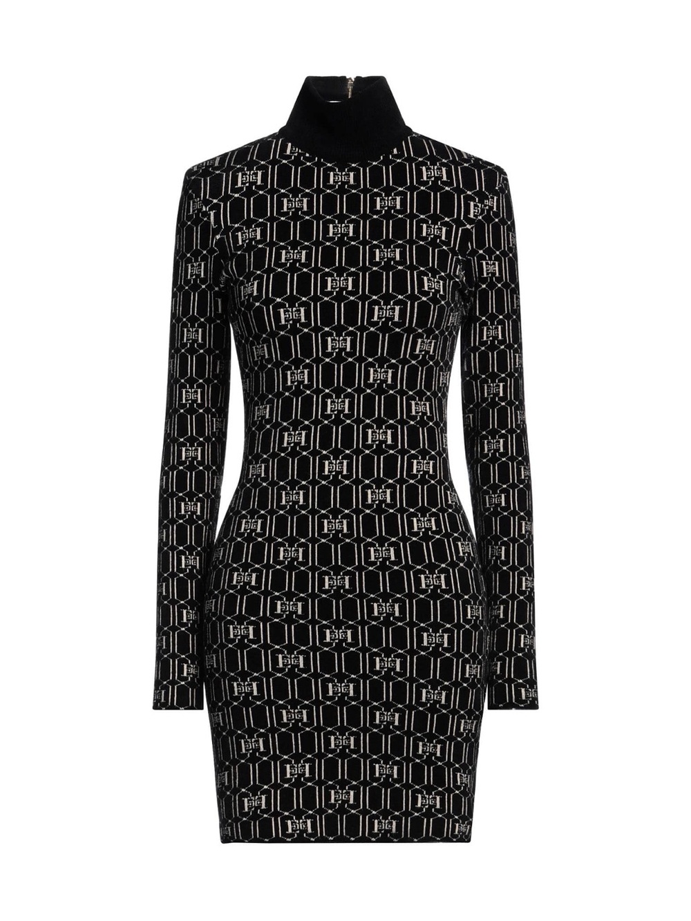 Black Long-Sleeve Turtleneck Patterned Knit Dress